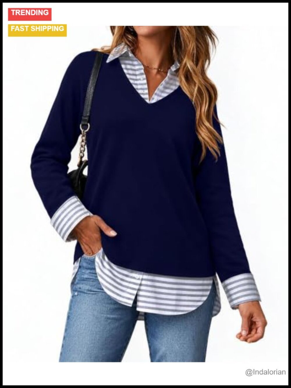Women's Collared 2-in-1 Pullover Tunic Top Cotton Blend Curved Hem Blouse